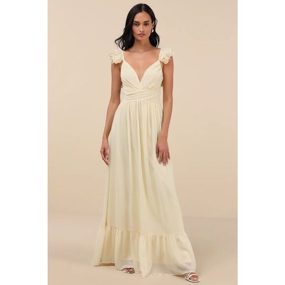 Lulus Soiree Celebration Light Yellow Ruffled Lace-Up Maxi Dress Size XL NWT - Picture 1 of 9